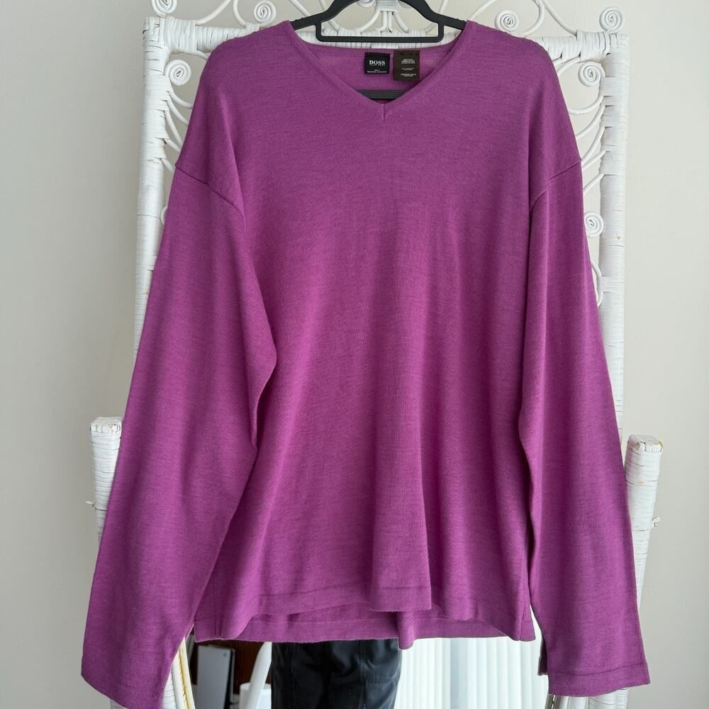 Hugo Boss Sweater Mens XXL Purple Merino Virgin‎ Wool V Neck Pullover Luxury
